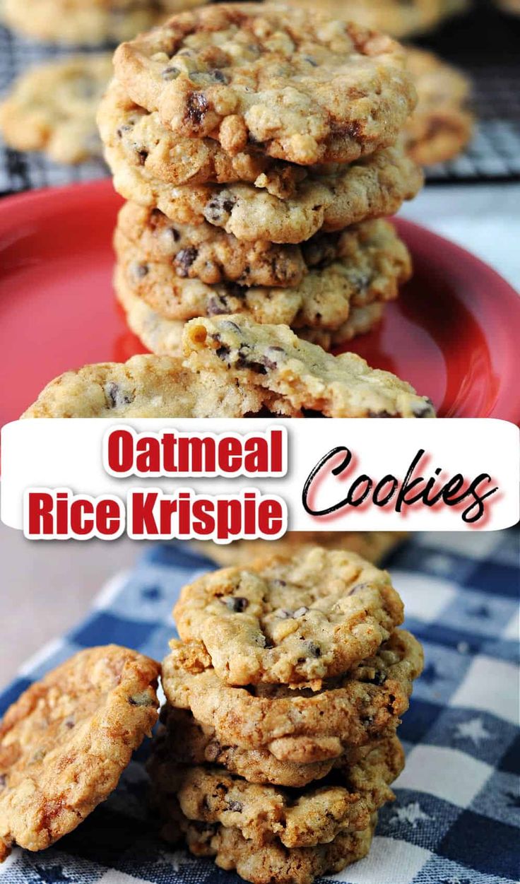 oatmeal rice krispie cookies stacked on top of each other in front of a red plate