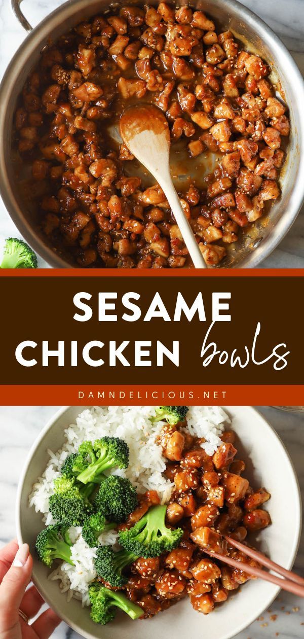 SESAME CHICKEN BOWLS, chicken recipes for dinner, weeknight dinner recipes Quick Weeknight Dinners For Two, Sesame Chicken Bowls, Easy Sesame Chicken, Rice And Broccoli, Chicken Bowls, Better Than Takeout, Berbuka Puasa, Chicken Bowl, Sesame Chicken