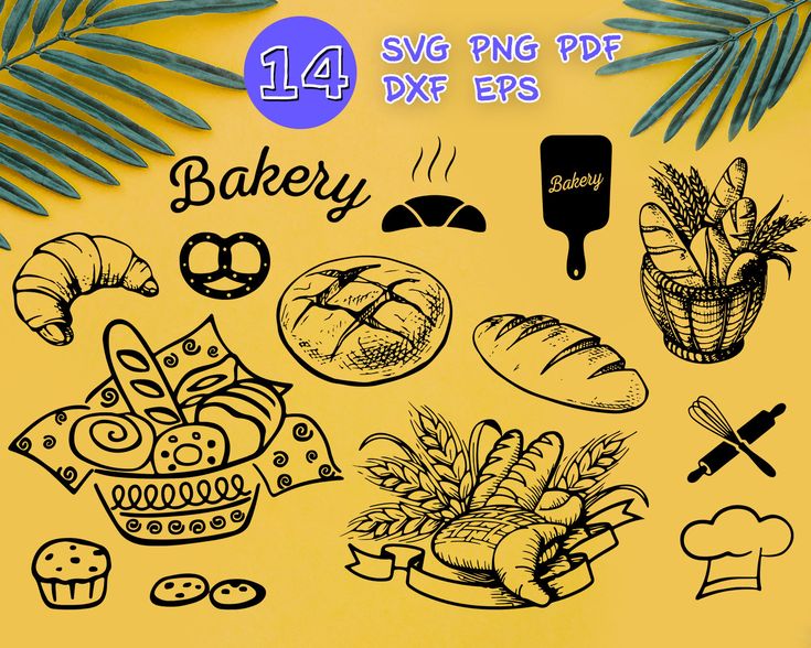 an image of bakery items drawn in black and white on a yellow background with palm leaves