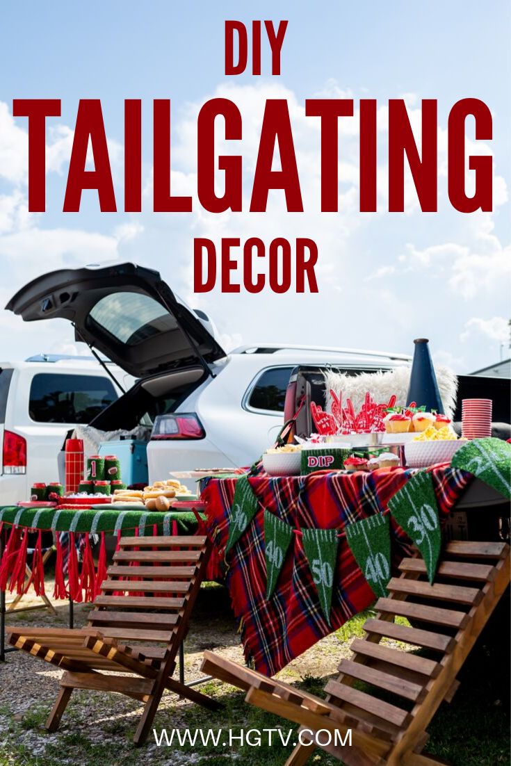 the tailgating decor is on display in front of some parked cars and picnic tables