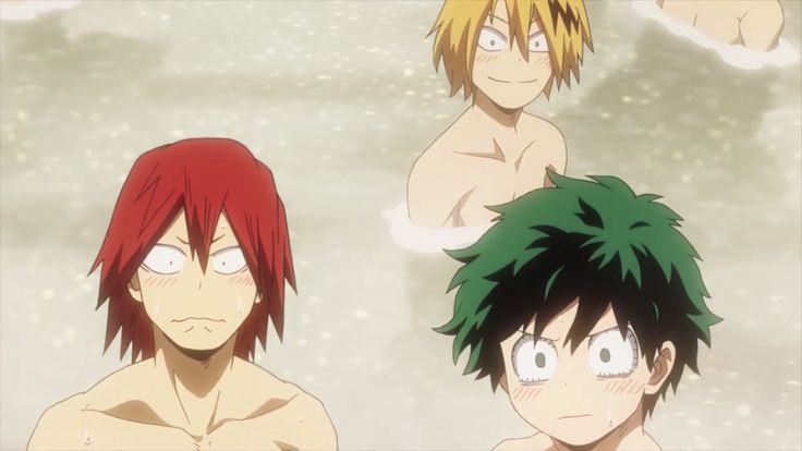 three anime characters with red hair and green eyes, one in the foreground is naked