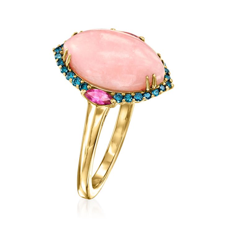 Ross-Simons - Pink Opal, .20ct t. w. Rhodolite Garnet, .19ct t. w. Blue Diamond Ring Size 6. Introducing your newest indulgence - this candy-colored ring is a gemstone dream! The 14x8mm marquise pink opal cabochon centerpiece is accentuated by a richly colored frame of .19 ct. t. w. round brilliant-cut blue diamonds and .20 ct. t. w. marquise rhodolite garnets. Set in 14kt yellow gold. 5/8" wide. Blue diamond, rhodolite garnet and pink opal ring. Our blue diamonds are natural diamonds that have Pink Jewerly, Pink Opal Ring, Blue Diamonds, Blue Diamond Ring, Diamond Birthstone, Opal Bracelet, Rhodolite Garnet, I Love Jewelry, Color Ring