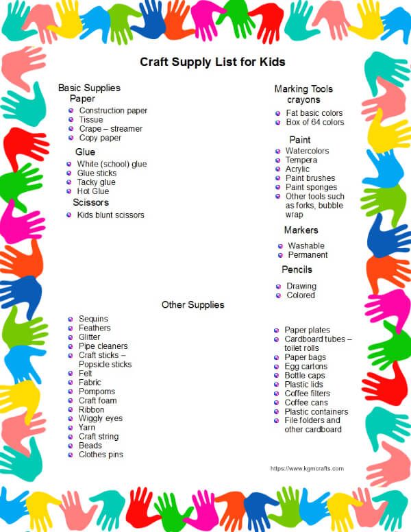 the craft supply list for kids with hands and words on it, including handprints