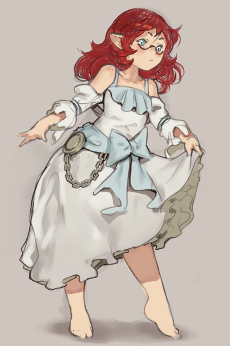 a drawing of a woman with red hair wearing a white dress and holding her hands out