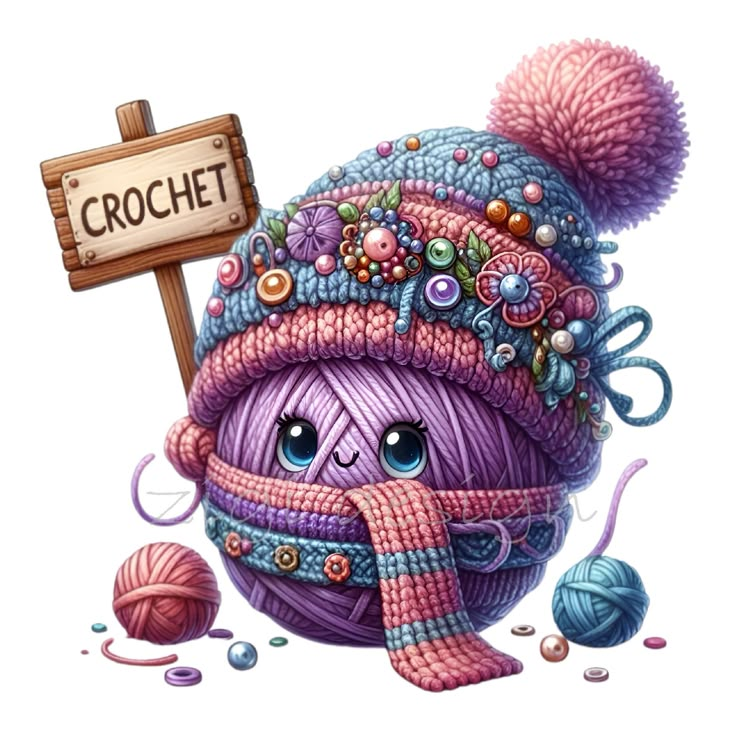 a drawing of a purple ball of yarn with a sign that says crochet