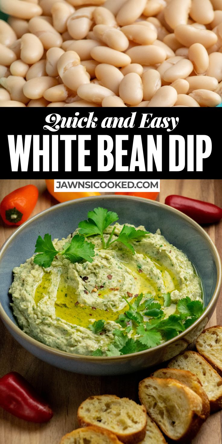 white bean dip in a bowl with bread on the side