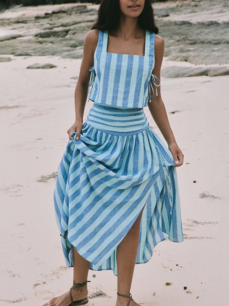 Rok Midi, Midi Skirt Set, Stylish Tank Tops, Striped Two Piece, Vacation Style, Stripe Skirt, Matching Top, Outfit Casual, Skirt Top