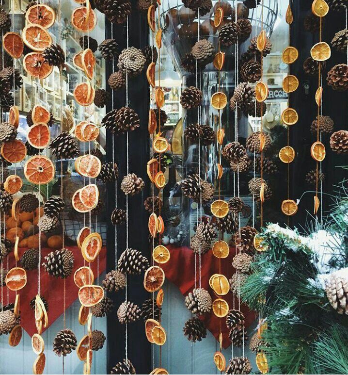 oranges and pine cones hanging from strings in front of a store window