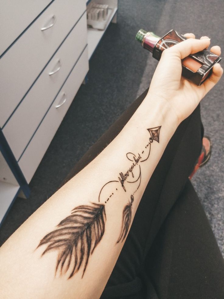 a woman's arm with an arrow tattoo on it