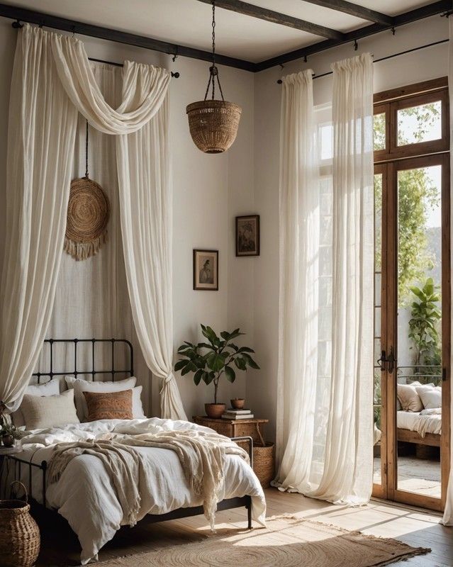 a bedroom with white drapes hanging from the ceiling and a bed covered in pillows