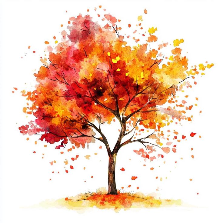 a tree with lots of leaves on it's branches in the fall season, painted by watercolors