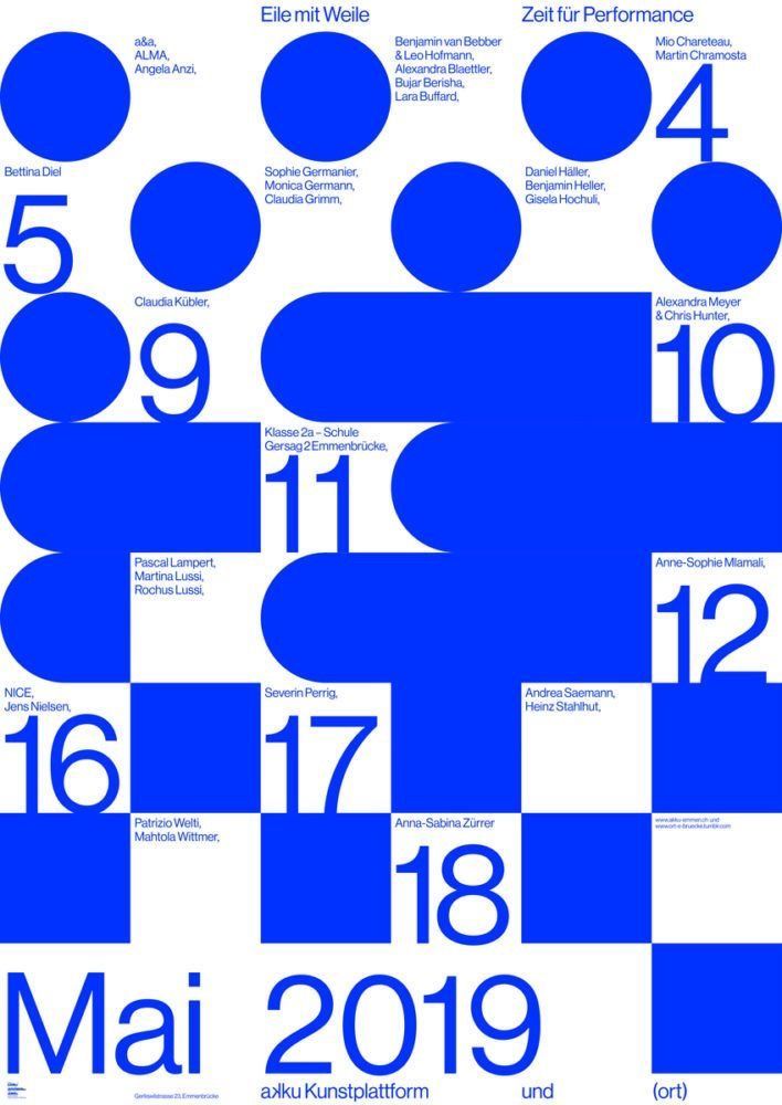 a blue poster with numbers on it and the words mai 2019 written in white letters