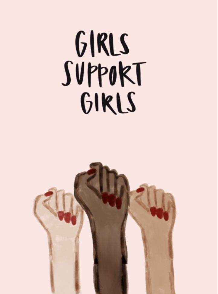 three girls with their hands up and the words girls support girls written on top of them