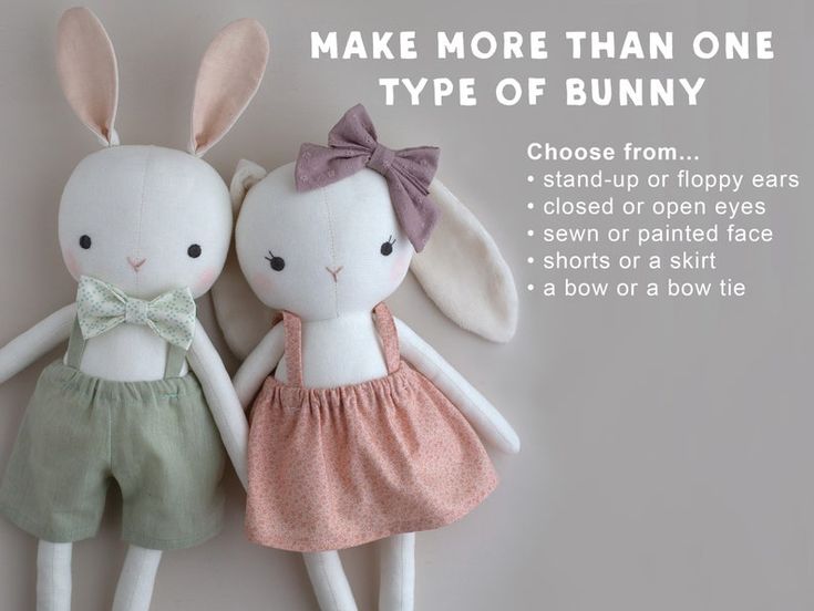 two stuffed rabbits are sitting next to each other with the words make more than one type of bunny