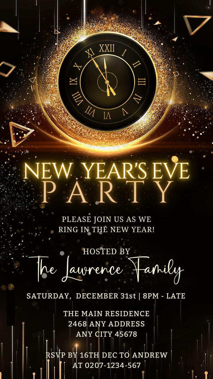 new year's eve party flyer template with gold and black decorations on the background