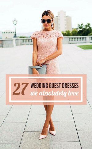 a woman in a pink dress holding a bucket with the words 27 wedding guest dresses we absolutely love