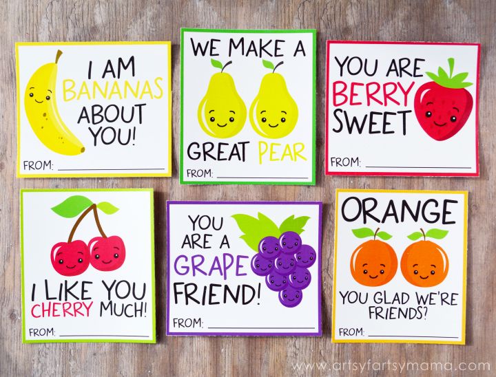 four cards with fruit sayings on them