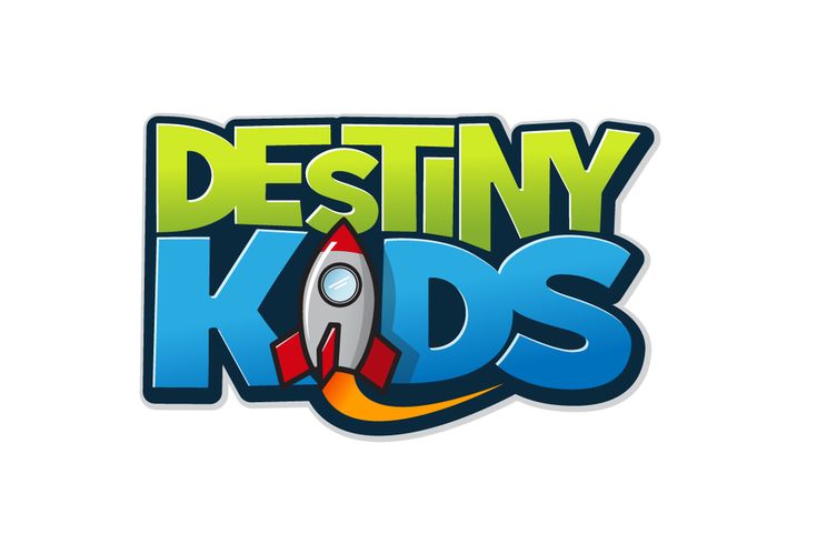 the logo for destiny kids with a rocket ship on it's side