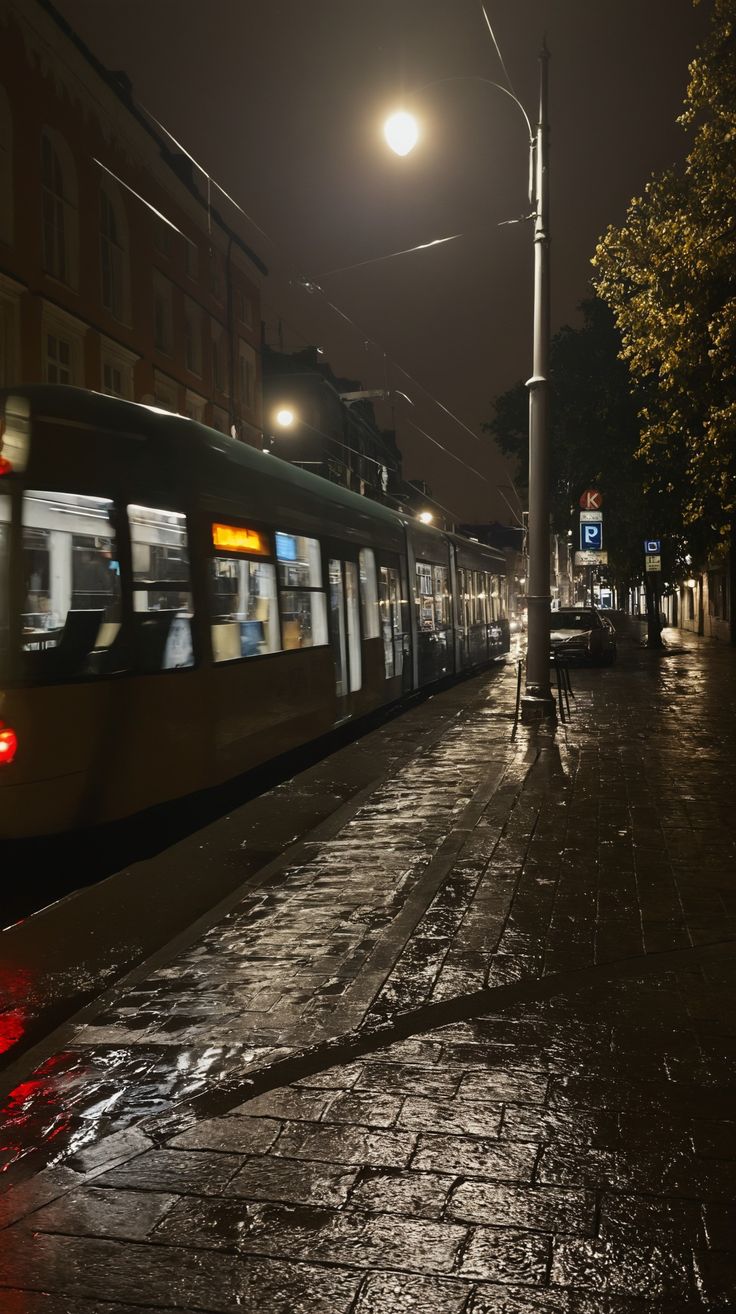 a train is traveling down the tracks at night