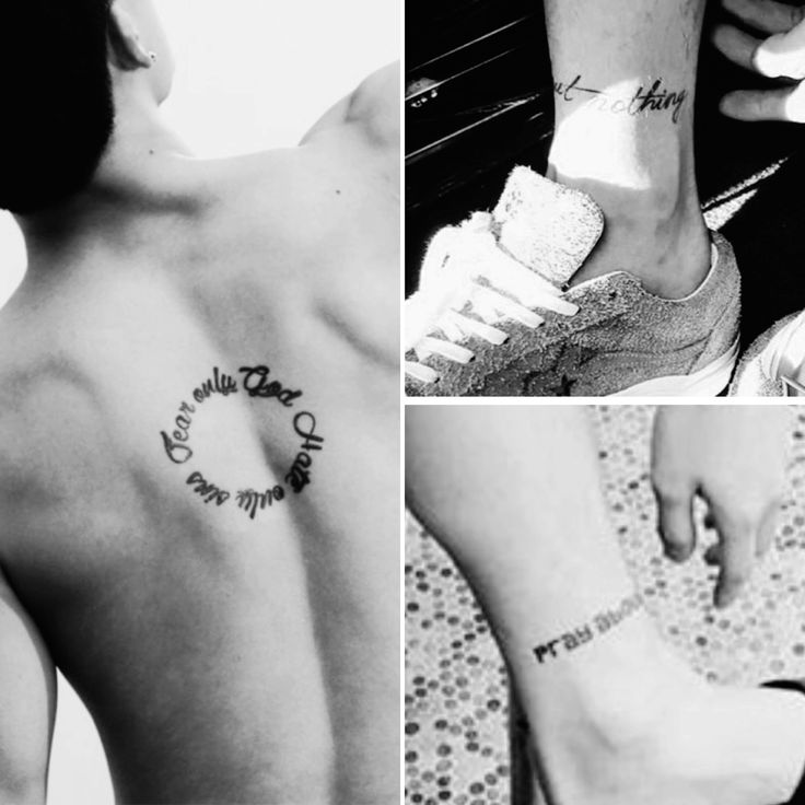 four different tattoos on the back of people's backs and feet, one with words written in cursive writing