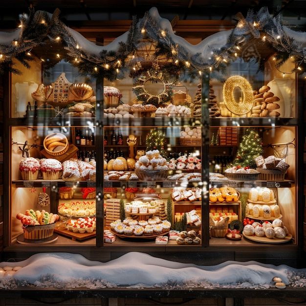 a display case filled with lots of different types of food in front of a window