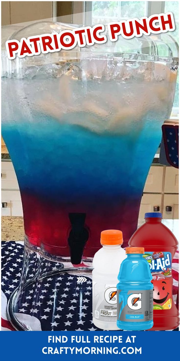 a pitcher filled with blue liquid next to bottles of water and an american flag table cloth