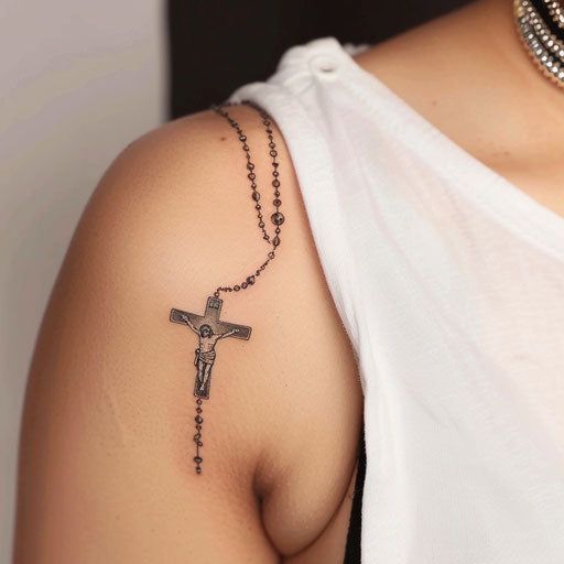 Dynamic Rosary Tattoo Flash Thigh Rosary Tattoo, Our Lady Of Guadalupe Tattoo Design, Spanish Heritage Tattoo, Fine Line Rosary Tattoo, Rosary Arm Tattoo, Half Sleeve Ideas For Women, Cross Memorial Tattoos, Jesus Tatoos Ideas, Rosary Hand Tattoos For Women