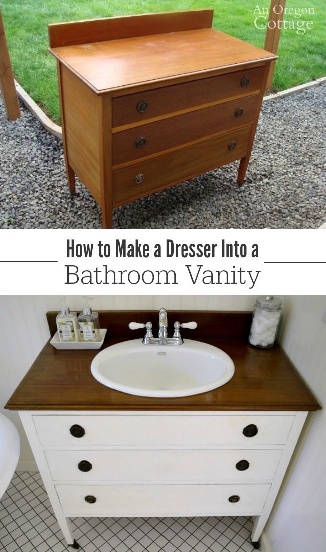 an old dresser turned into a bathroom vanity with the words how to make a dresser into a bathroom vanity