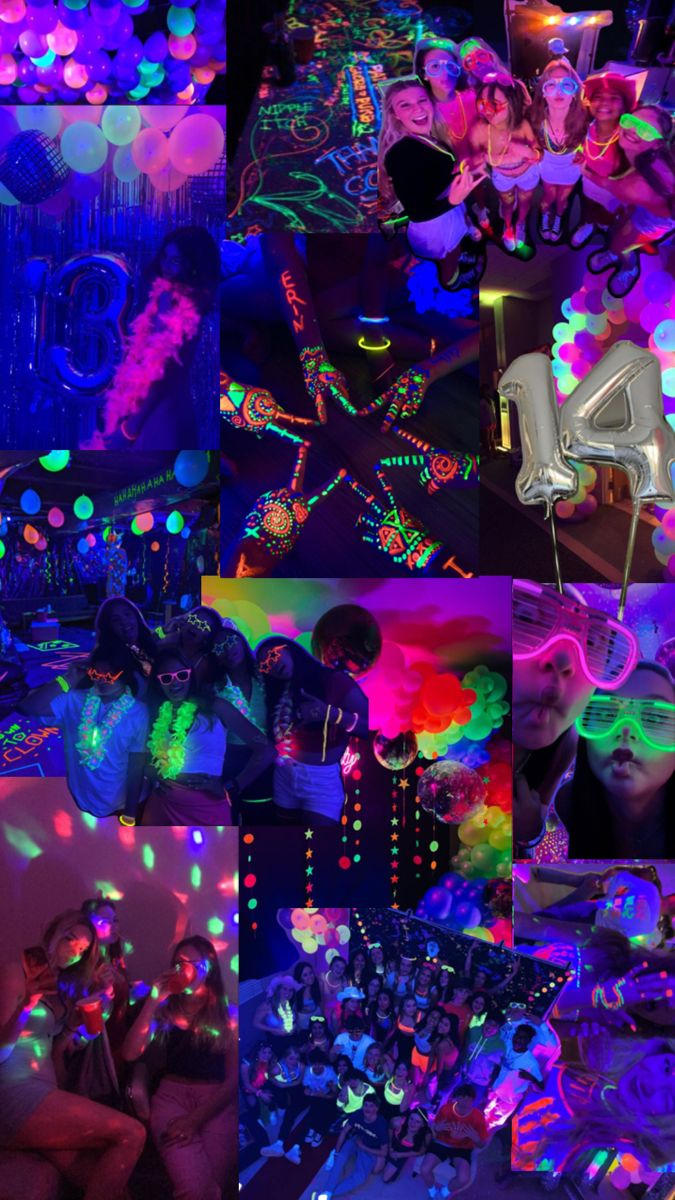 a collage of photos with neon colors