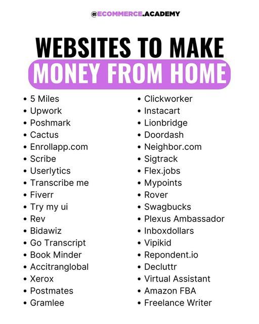 the words website to make money from home are shown in pink and black on a white background