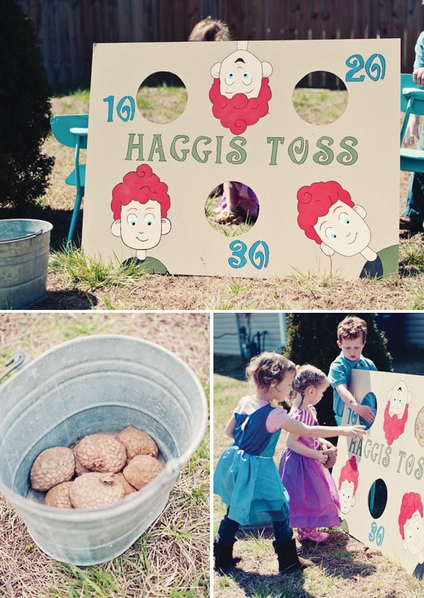 there are pictures of children playing in the yard and having fun with their toys, including a sign that says haggis tots