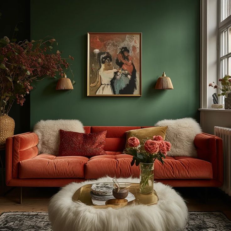 a living room with green walls and orange couches in front of a painting on the wall