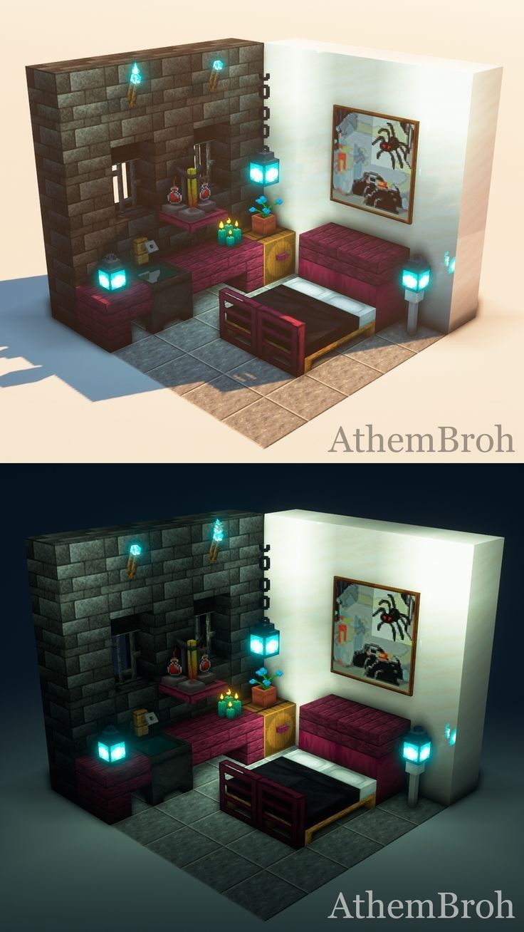 two different views of the same room in an animated video game, each with its own light