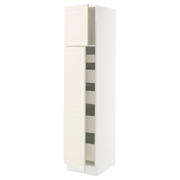 a tall white cabinet with two doors and drawers