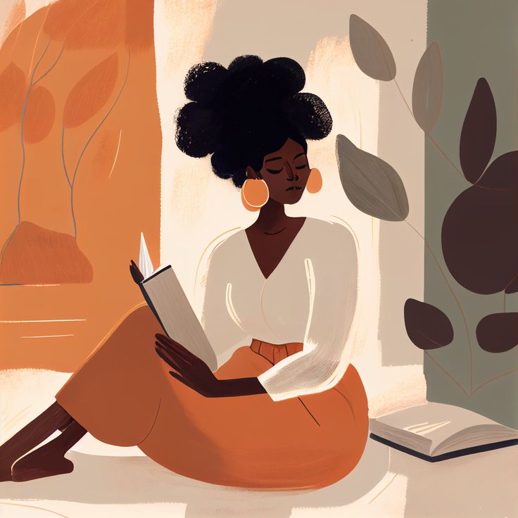 an illustration of a woman sitting on the floor with a book in her lap and looking at it