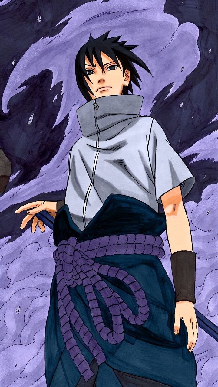 an anime character with black hair and blue eyes wearing a white shirt in front of a purple background