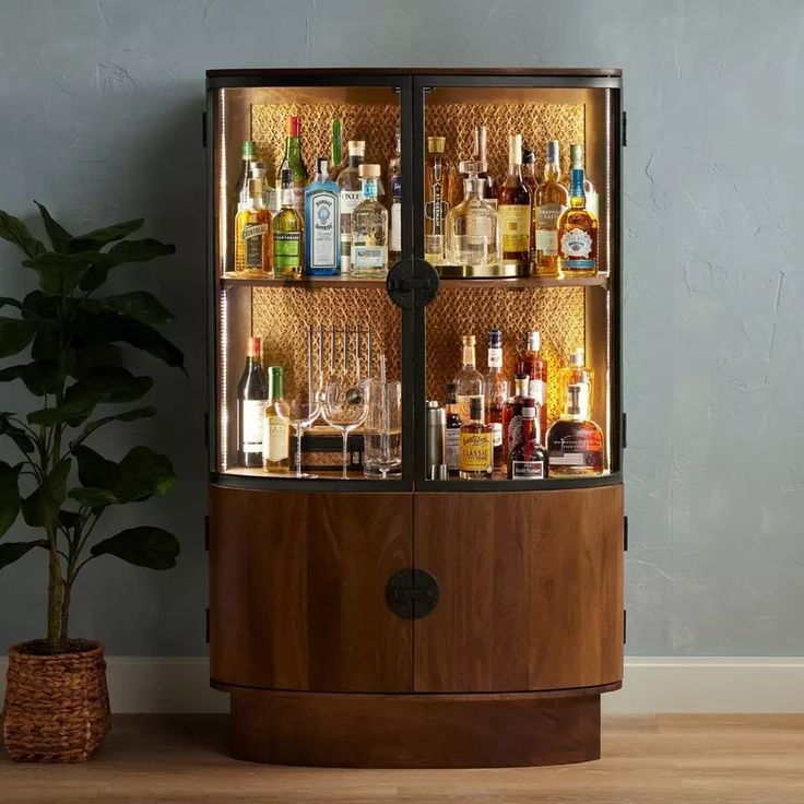 a cabinet with liquor bottles and glasses in it next to a potted plant on the floor