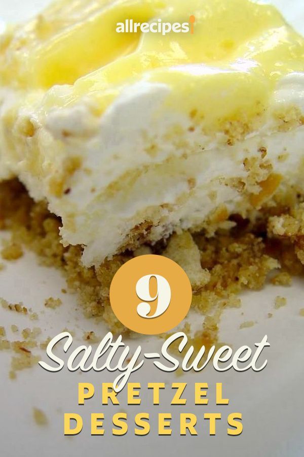 a close up of a piece of cake on a plate with the words 9 salty - sweet pretzel desserts