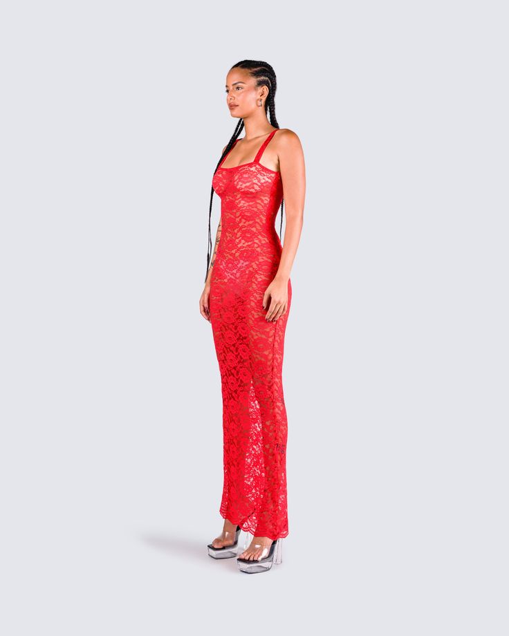 Nothing draws attention like a red dress 💋 Made from lace fabric, and complete with a column shape, thick straps, and an invisible side zipper - this dress will unleash your fiery and passionate side 😏 Red Unique Dress, Red Lace Outfit, See Thru Dresses, White Corset Dress, Red Outfits, Yellow Mini Dress, Strappy Maxi Dress, Lace Leggings, Mesh Maxi Dress