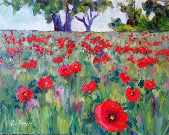 a painting of red flowers in a field