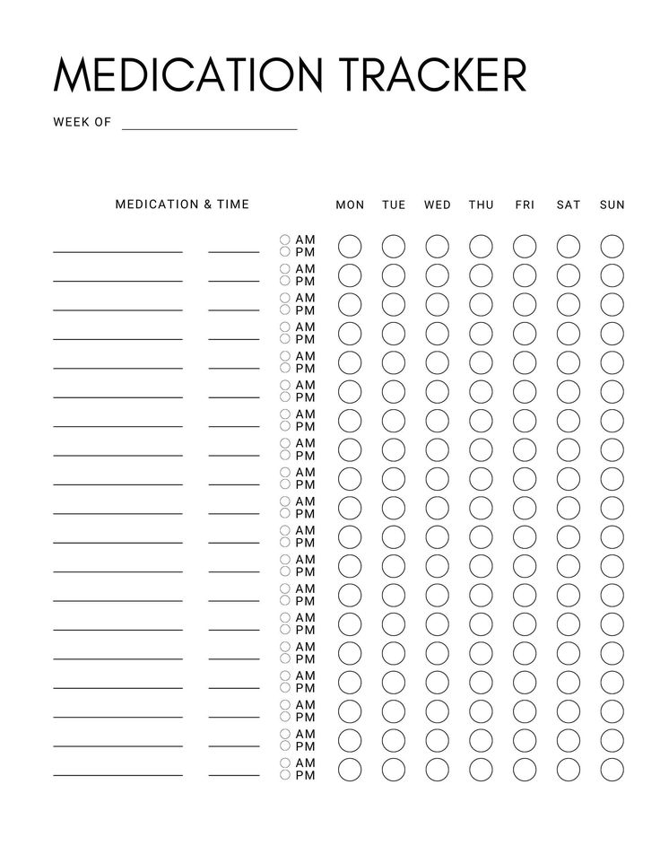 a printable medication tracker is shown in black and white