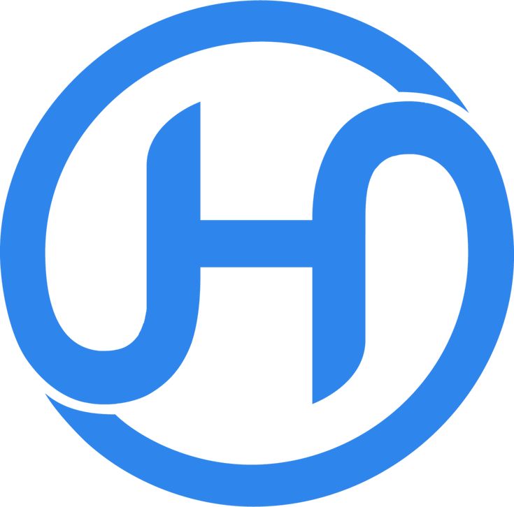 the letter h in a circle with blue and white letters on it's side