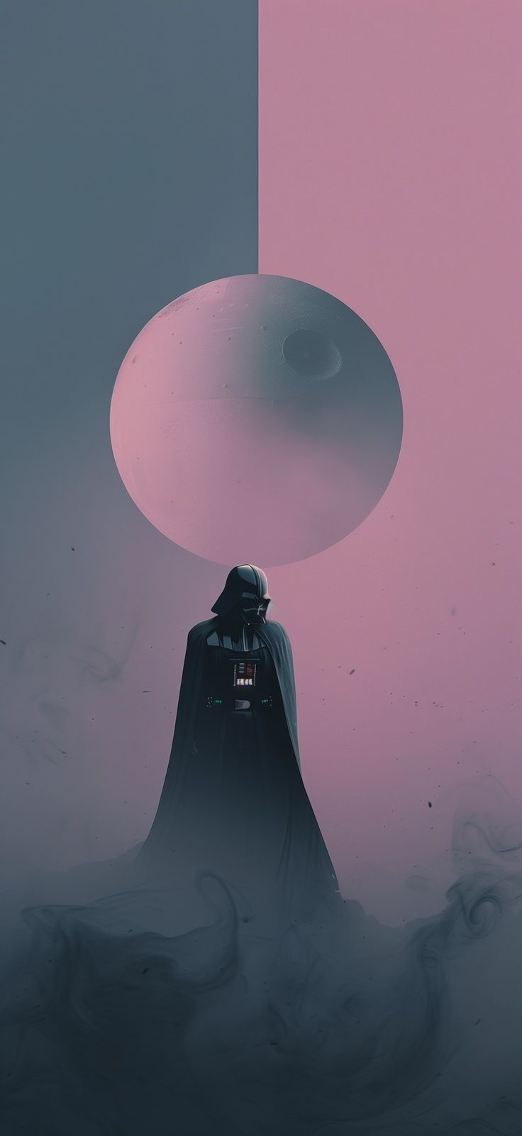 darth vader standing in front of a pink and blue background with an object above it