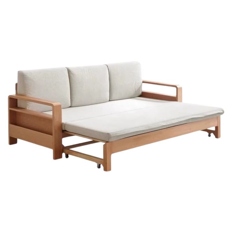 a wooden couch with a white cushion on it's back and armrests