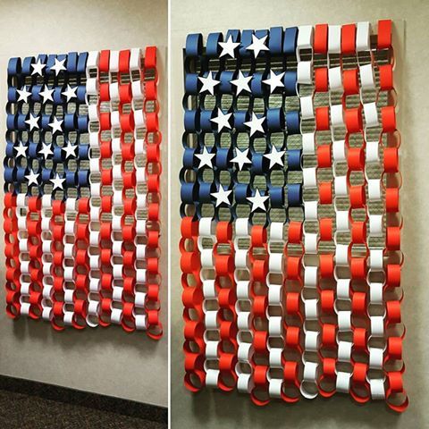 two pictures of an american flag made out of toilet paper rolls and ribbon strips, hanging on the wall