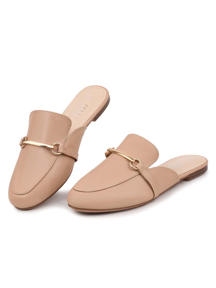 Apricot  Collar     Embellished   Women Shoes Clear Socks, Beige Mules, Mule Loafers, Backless Loafers, Buckled Flats, Women Flats, Slip On Mules, Women's Mules, Womens Mules