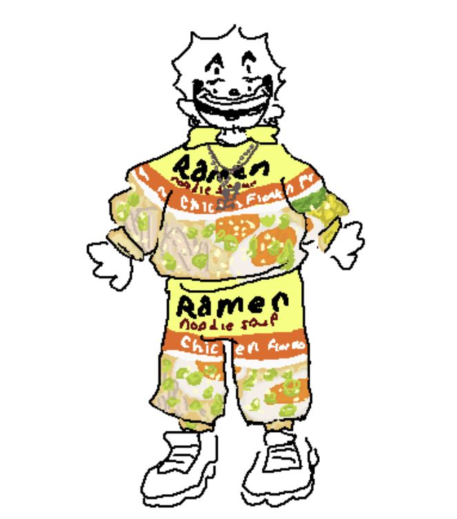 a drawing of a cartoon character wearing an orange and white shirt with words on it