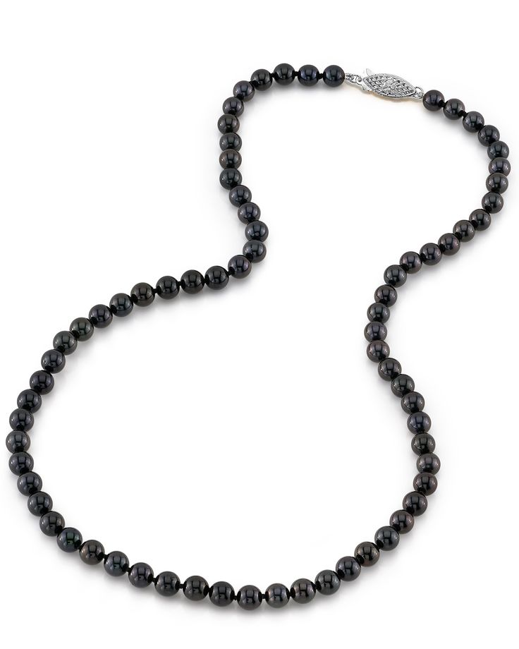 This beautiful Akoya pearl necklace ranges between 5.5-6.0mm in size and consists of pearls with a High grade luster and clean surface. Our AA+ quality meets The Pearl Source's stringent standards for high quality pearls and are offered at a very affordable price. 

All pearls in this necklace are round and are strung with silk thread and double-knotted between each pearl. This necklace comes standard with a beautiful 14K gold clasp, though premium clasps can be selected for an additional cost Black Single Strand Pearl Necklace, Classic Pearl Necklace With Gemstone Beads, Classic Black Single Strand Pearl Necklace, Formal Black Pearl Necklace With Pearl Charm, Classic Round Pearl Necklace With Gemstone Beads, Black Japanese, Akoya Pearl Necklace, Pearl Farm, Black Pearl Necklace