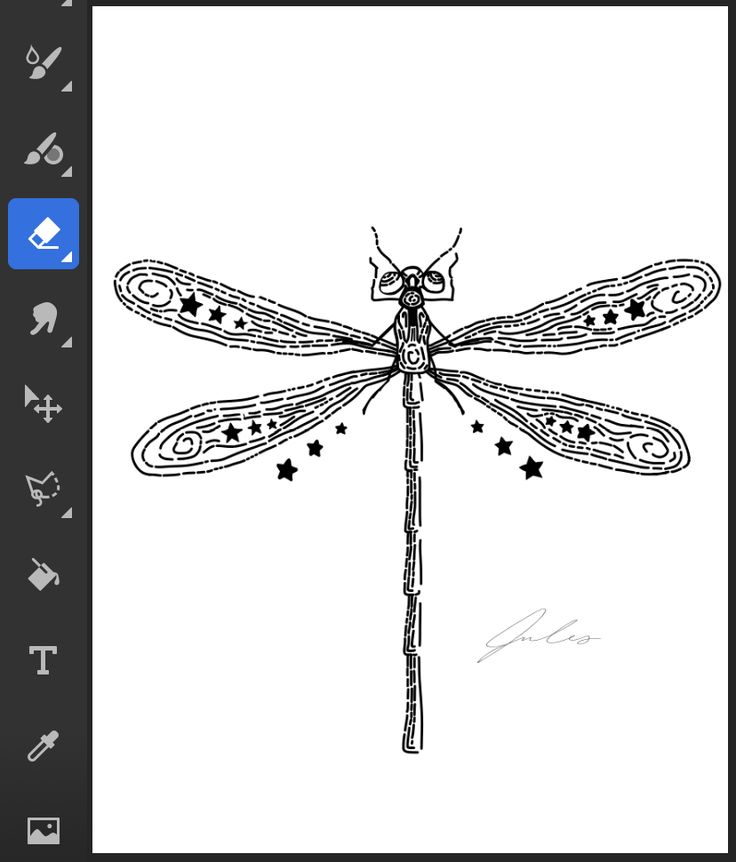 a black and white drawing of a dragonfly with stars on it's wings