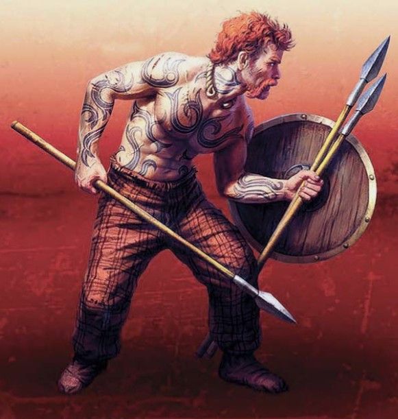 a drawing of a man holding two spears and a shield on his shoulder, standing in front of a red background